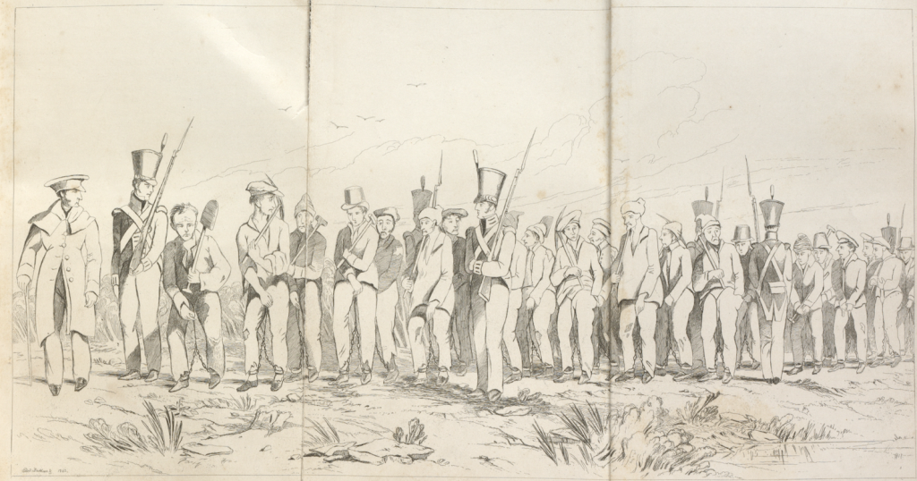 A historical pencil sketch from 1837 showing a line of European men in formal 19th-century attire standing on rough terrain. Some men wear tall hats and carry rifles or muskets. The drawing spans across three connected panels, with birds flying in the sky and sparse vegetation in the foreground..